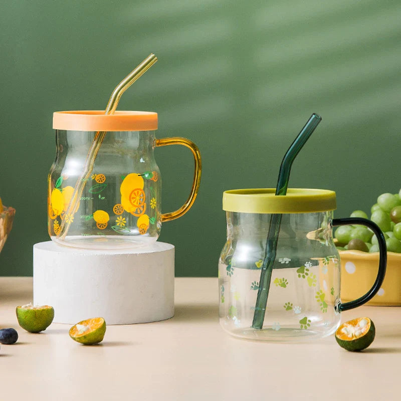 Axya Grass Pattern Glass Tumbler with Straw, Lid, and Graduated Heat-Resistant Cup