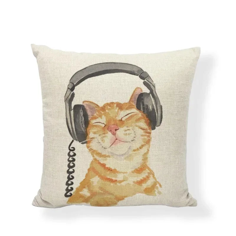 Axyaa Cartoon Cat Linen Cushion Cover - Home Decor Essential for Sofa, Living Room, or Bed