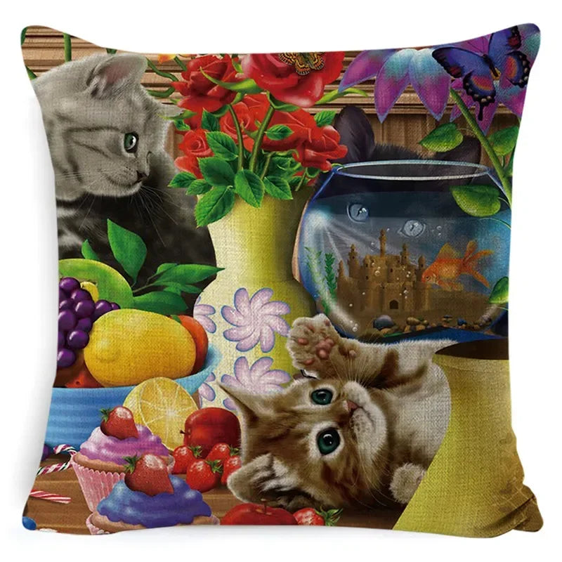 Cute Cat Pattern Linen Cushion Cover by Axyaa for Home Decor