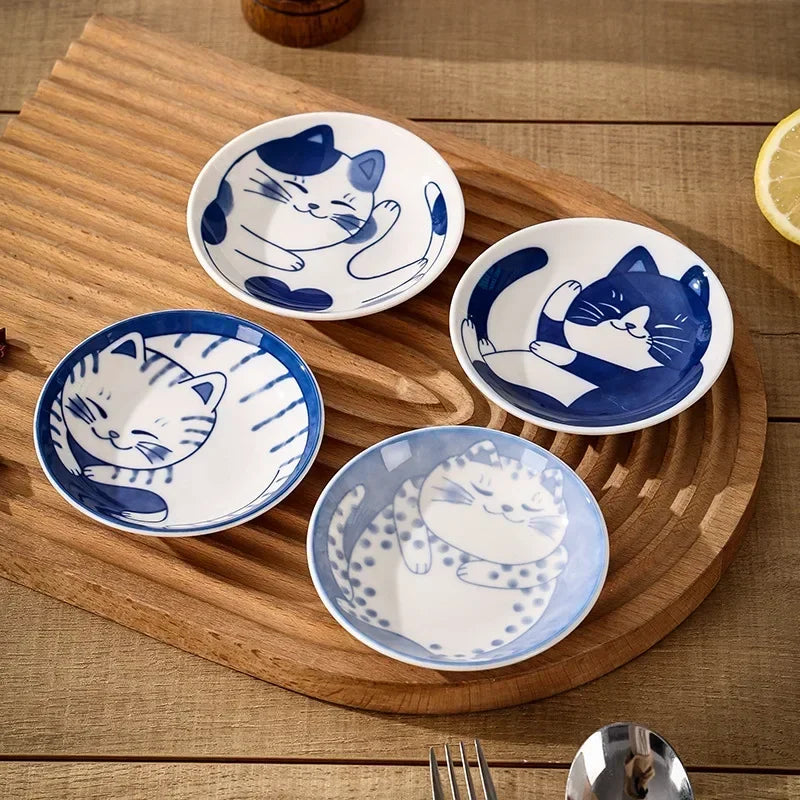 Axya Lucky Cat Ceramic Dessert Dish: Cute Cartoon Water Drop Shape Plate