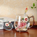 Enamel Flower Tea Glass Mug with Lid & Spoon by Axyaa
