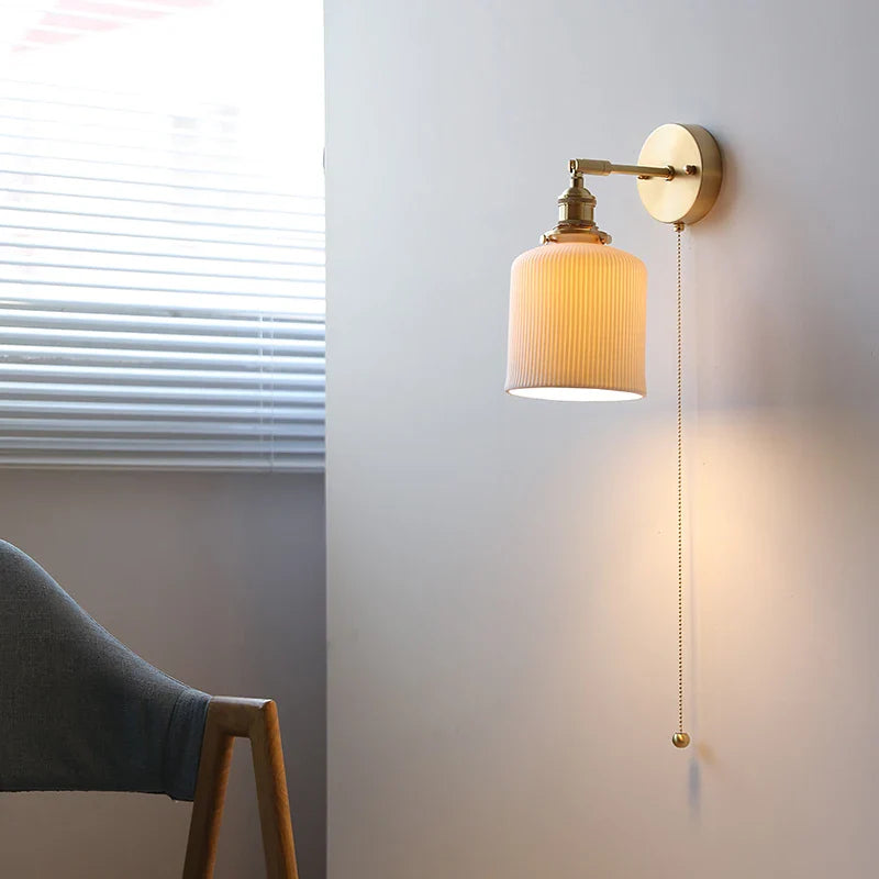 Axyaa Ceramic LED Wall Lamp: Japan Style Gold Brass Arm, Up Down Rotate