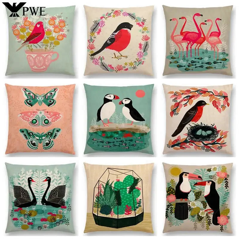 Axyaa Bird-Floral Teacup & Lepidoptera Cushion Cover for Decor & Sofa