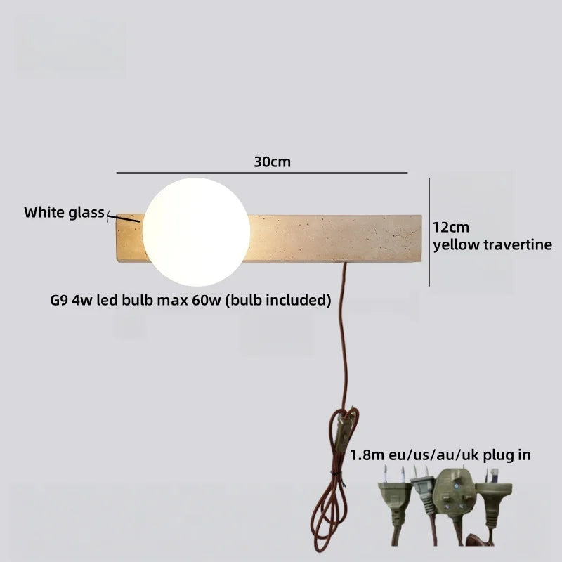 Axyaa White Glass LED Wall Sconce Lamp Yellow Travertine Stone Mirror Light