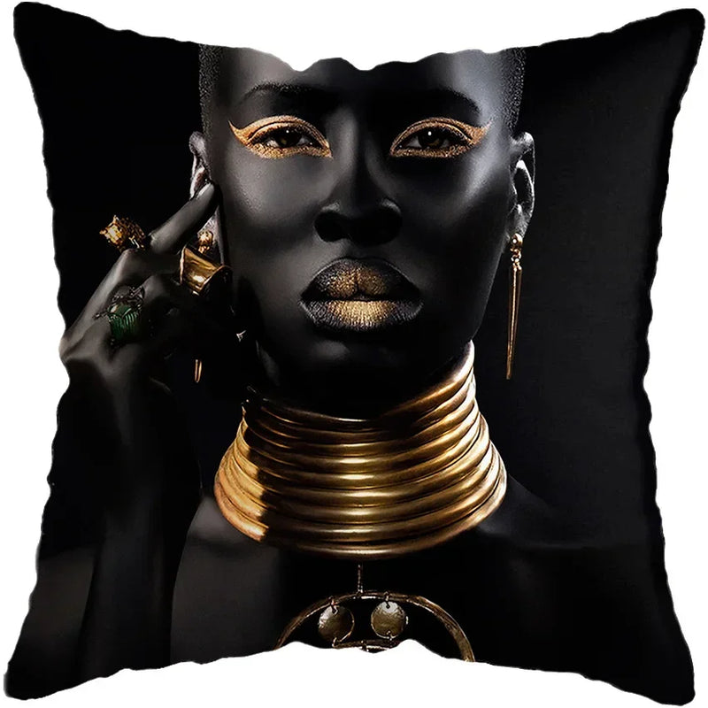 Axyaa Black Gold African Lady Woman Art Deco Pillowcase