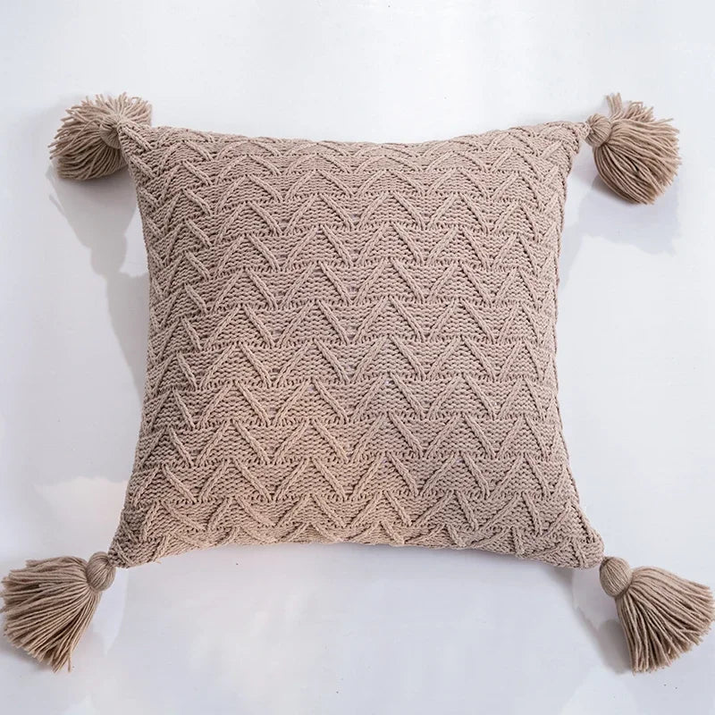 Axyaa Soft Knit Cushion Cover 45x45cm Solid Pillow Case with Tassels