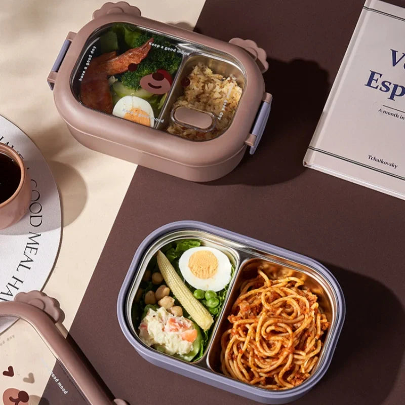 Axyaa Bear Lunch Box: Stainless Steel Portable Sealed Food Container for Kids & Office