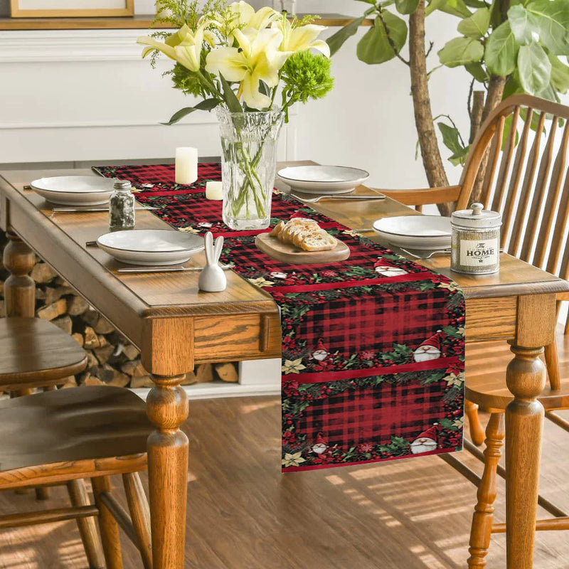 Axyaa Christmas Dwarf Gift Table Runner Holly Poinsettia Farmhouse Decor