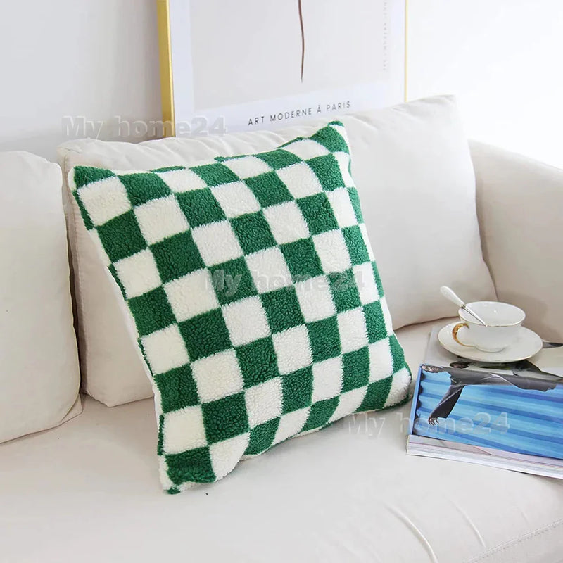 Axyaa Checkerboard Plaid Knit Plush Pillow Cover for Car Sofa, 45*45cm, 50*50cm
