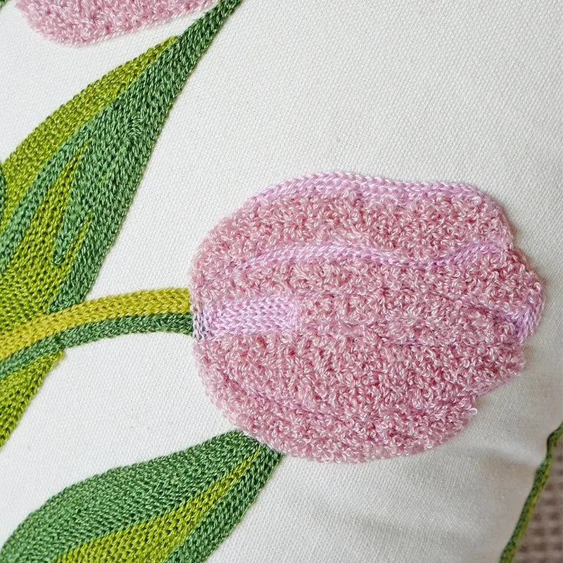 Axyaa Tulip Embroidered Throw Pillow Cover - Pastoral Style Decorative Cushion