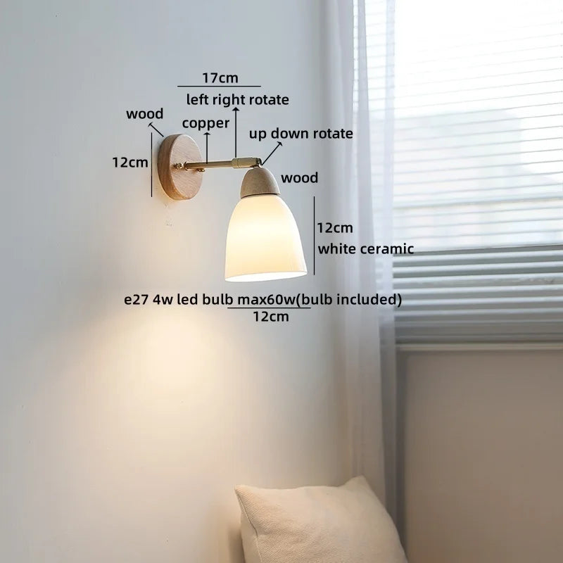 Axyaa White Ceramic LED Wall Sconce – Wooden Socket Stair Wall Light