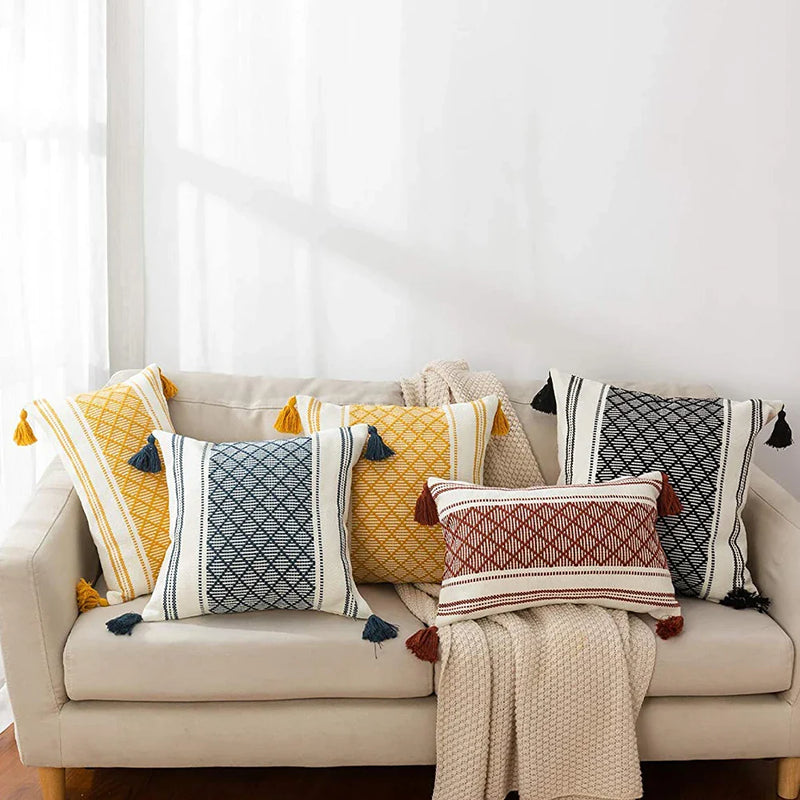 Axyaa Boho Diamond Jacquard Cushion Cover with Tassels for Home Decor