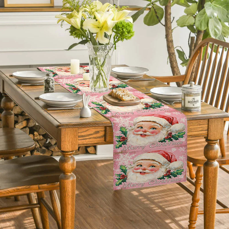 Pink Santa Claus Holly Berry Table Runner by Axyaa for Dining Room Style