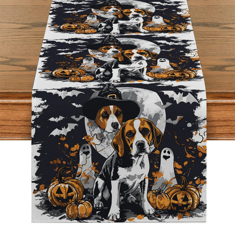 Axyaa Halloween Dog Bat Wizard Hat Table Runner for Kitchen Dining Party Decor