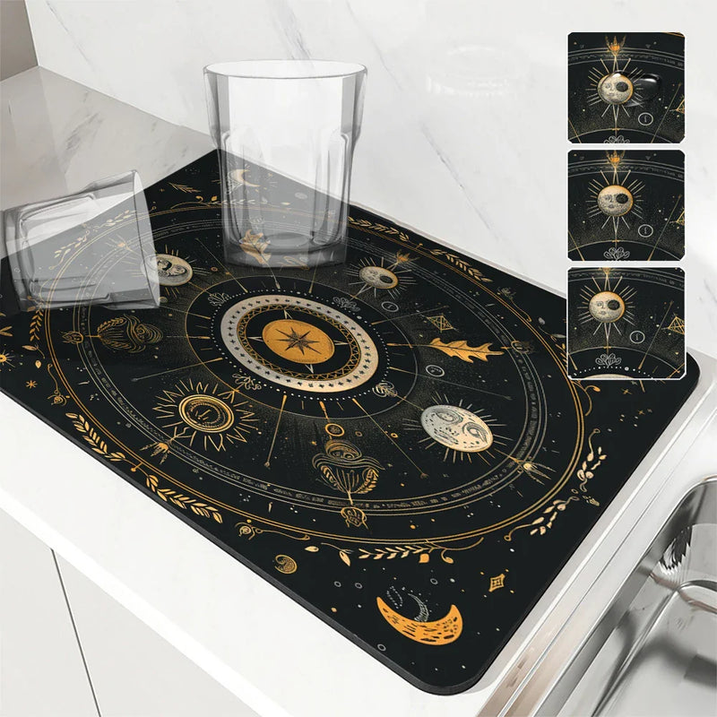 Axyaa Astrology Plants Sun Moon Drying Mat, Non-Slip Absorbent Table Placemat