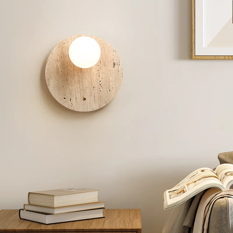 Axyaa Round Natural Stone Art Wall Lamp Cream Sconce Bedside Decor