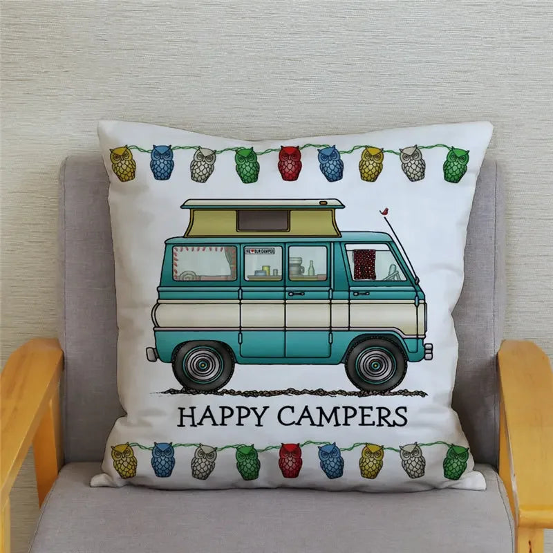 Happy Campers Owl Motorhome Print Pillow Case by Axyaa