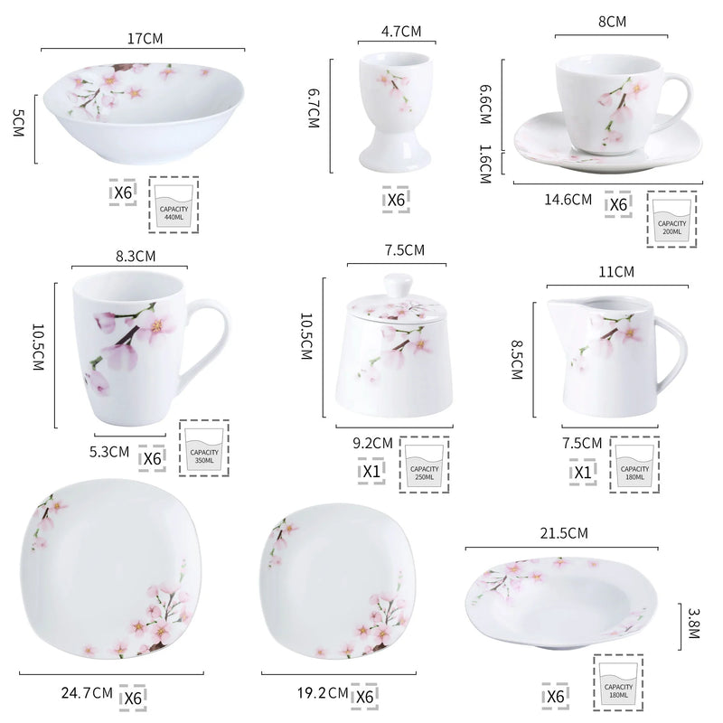 Axya Porcelain Dinner Set with Egg Cup, Cup, Plate, Bowl, Mug, and Pot