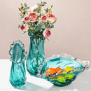 Axyaa Blue Wavy Lace Glass Vase & Fruit Plate Set for Living Room Decor