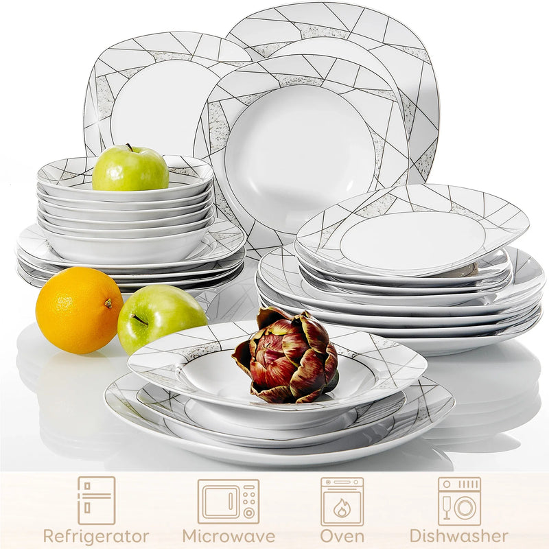 Axya™ 24-Piece Porcelain Ceramic Dinnerware Set with Cutlery - Bowls, Plates, Soup Plates