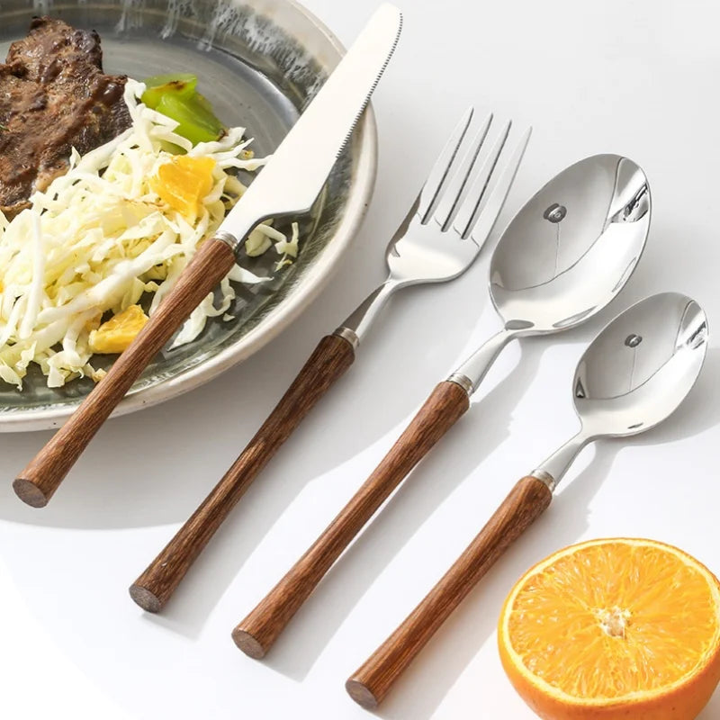 Axyaa Stainless Steel Cutlery Set with Wooden Handles