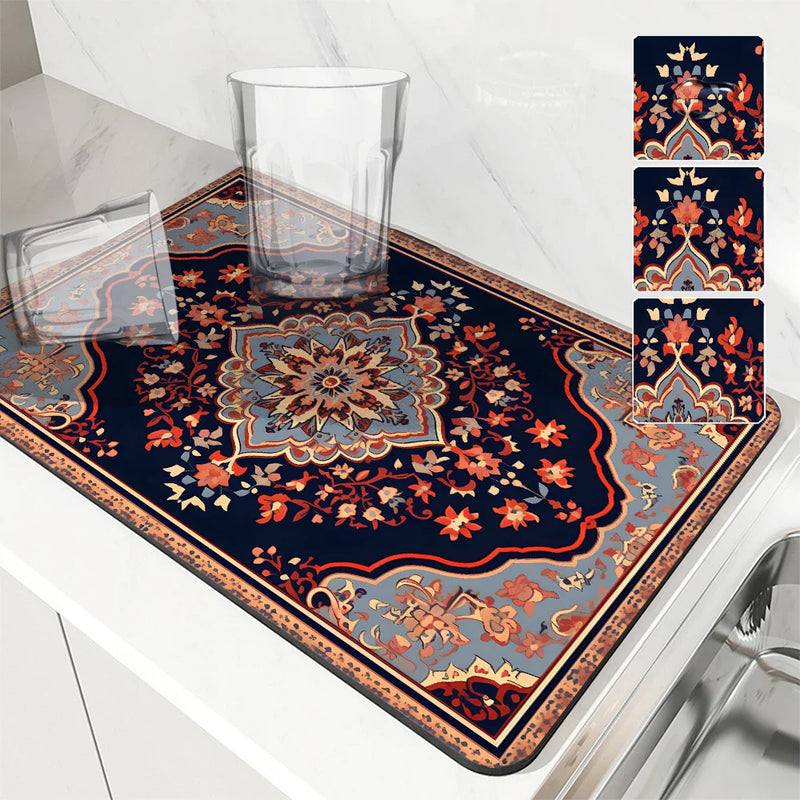 Axyaa Paisley Drying Mat: Absorbent, Antiskid, Quick Dry, Kitchen & Bathroom Tableware Drain Pad