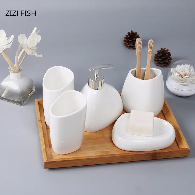 Axya Ceramic Bathroom Set: Dispenser, Toothbrush Holder, Tumbler, Soap Dish - Bathroom Products