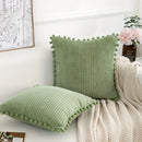 Axyaa Green Corduroy Cushion Cover with Fur Ball Pom | 45x45CM | Living Room Bedroom
