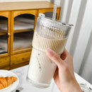 Axyaa Stripe Glass Cup with Lid & Straw, 600ml, Drinkware for Coffee, Juice, Milk, Tea