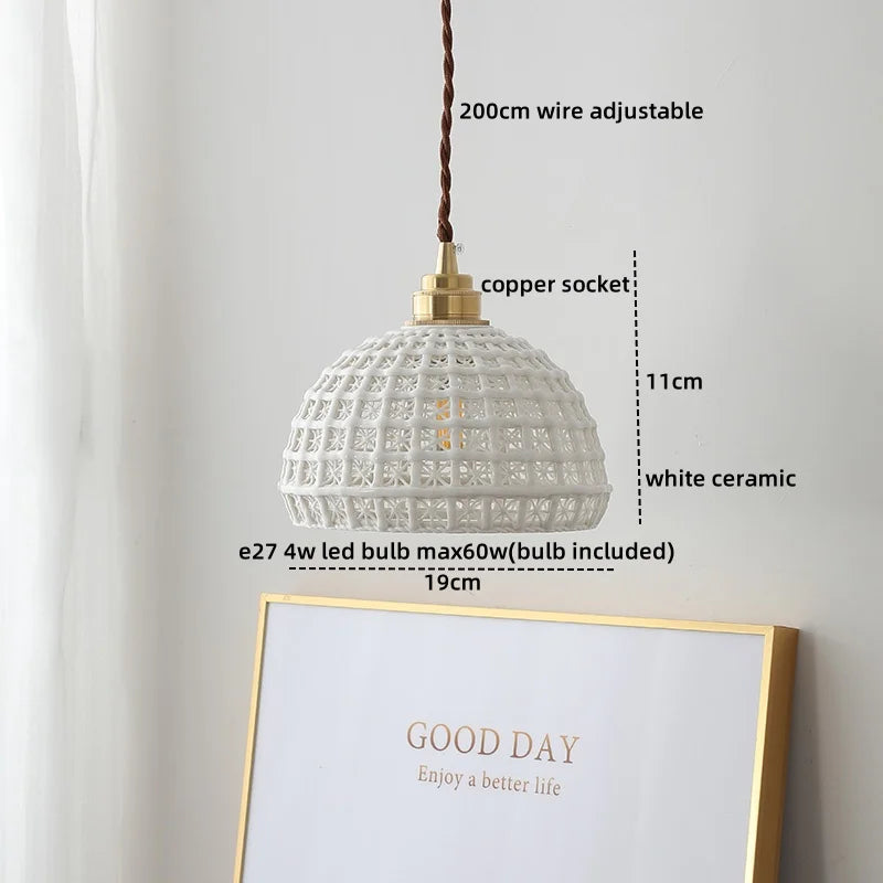 Axyaa White Ceramic LED Pendant Light Fixture with Copper Nordic Design