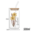 Axyaa Floral Retro Custom Engraved Glass Cup with Lid & Straw
