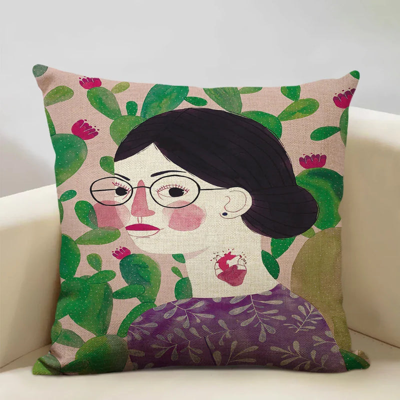Axyaa Beauty Girl Cat Print Linen Pillowcase Portrait Cartoon Home Decor Cover