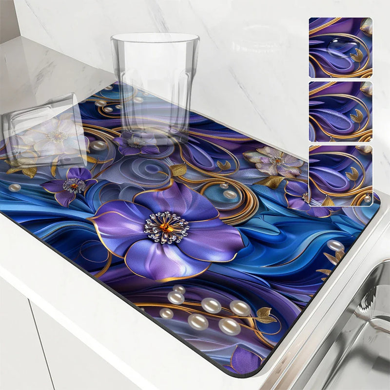 Axyaa Flower Kitchen Absorbent Mat - Quick Dry Dish Drying & Bathroom Drain Pad
