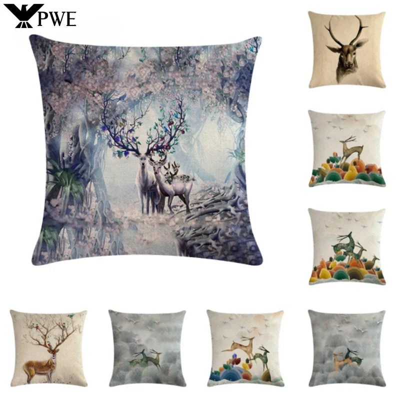 Axyaa Nordic Moose Art Linen Cushion Cover for Home Decor