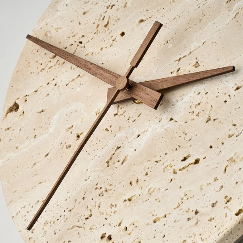 Axyaa Stone Clock LED Wall Light Yellow Travertine Wooden Pointer for Living Room