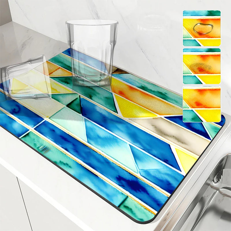 Geometric Color Blocks Kitchen Drying Mat by Axyaa