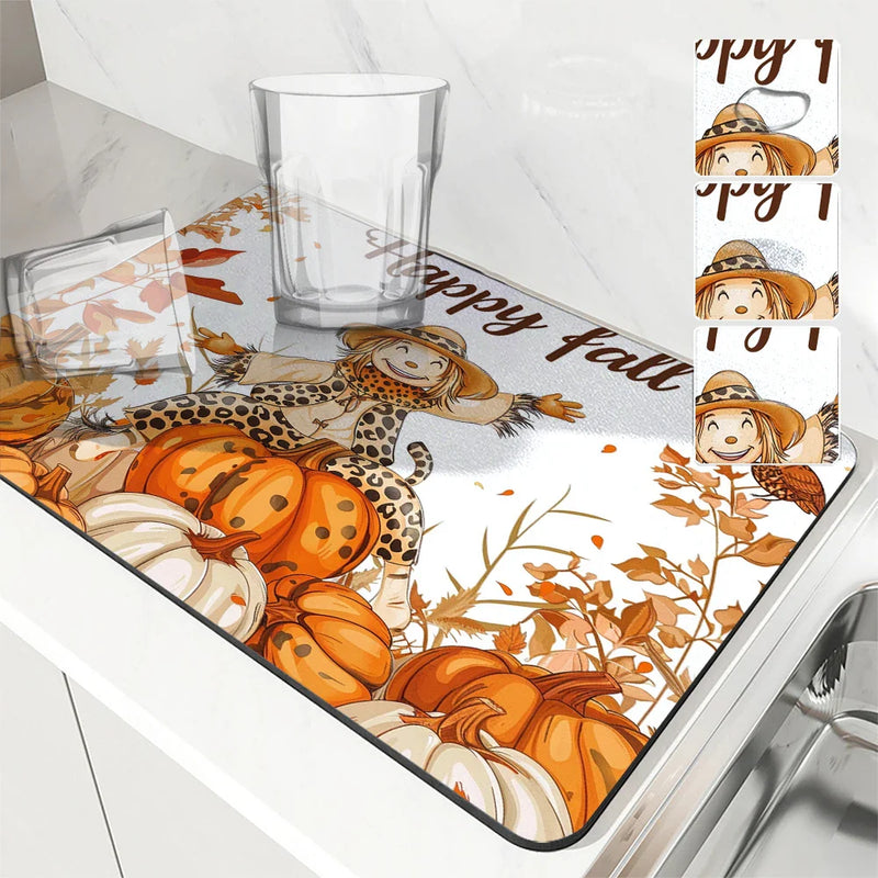 Axyaa Watercolor Pumpkin Draining Mat for Kitchen and Bathroom