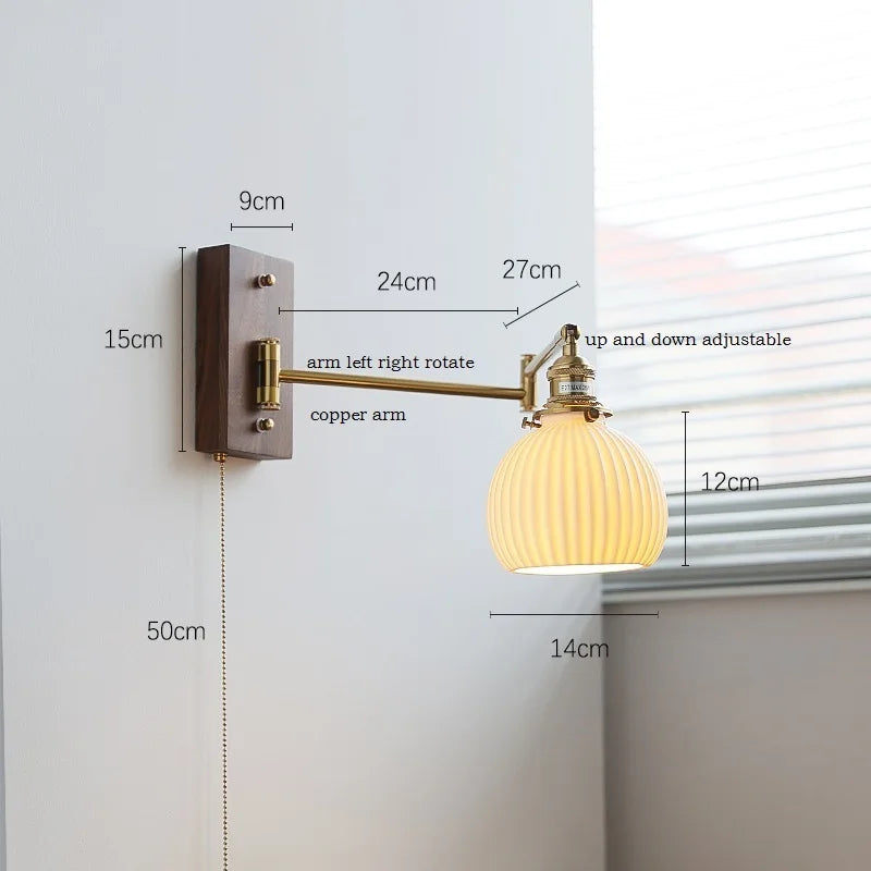 Axyaa Walnut Ash Wood Canopy LED Wall Sconce with Pull Chain Switch