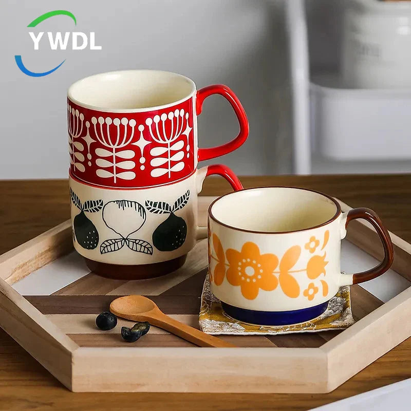 Axya Retro Japanese Flower Ceramic Coffee Mug Set 300ml