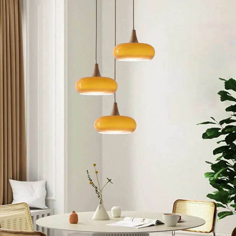 Axyaa Wooden Art Glass Chandelier LED Pendant Lights for Home Decor