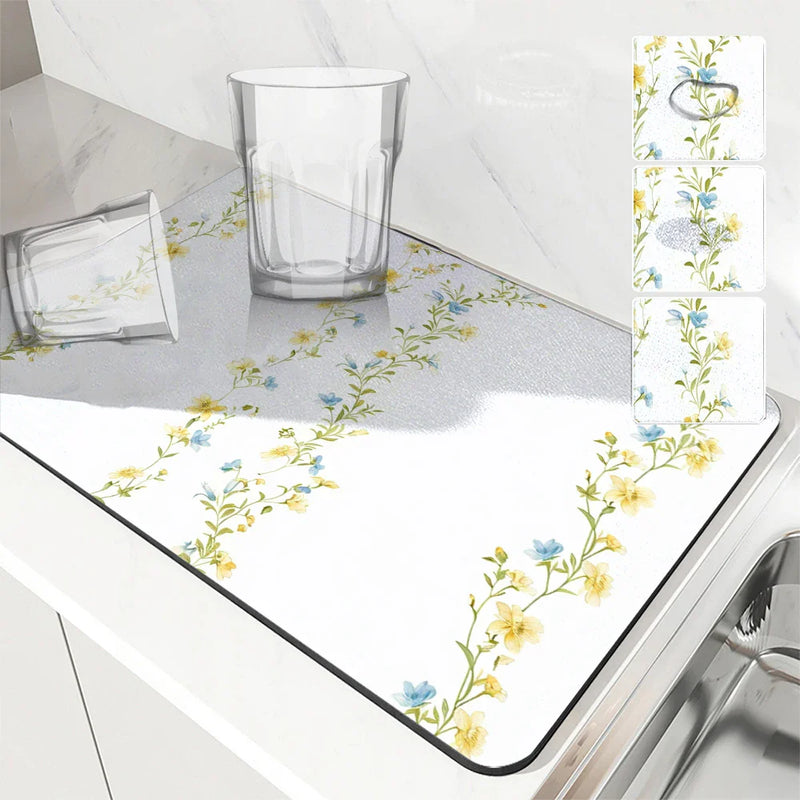Axyaa Spring Flowers Kitchen Mat Absorbent Antiskid Quick Dry Bathroom Tableware Drain Pad