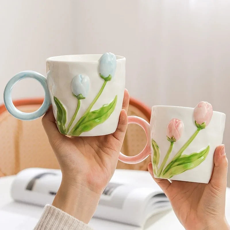 Axyaa Tulip Flower Ceramic Mug: 3D Design, Creative Relief, Ins Style, Coffee Cup