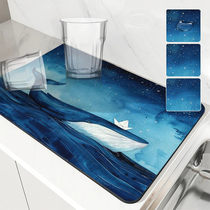 Axyaa Ocean Whales Sailing Stars Absorbent Drying Mat for Kitchen Tables