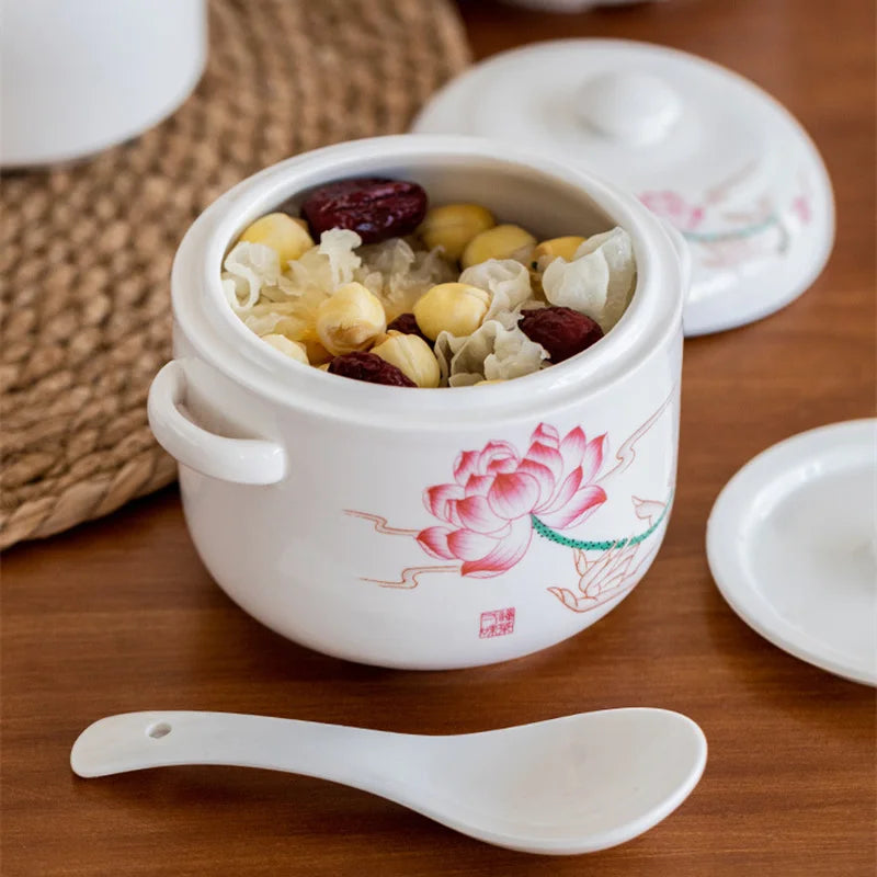 Axya Ceramic Flower Health Stew Pot Double Lid Soup Bowl Bird's Nest Ginseng Jar