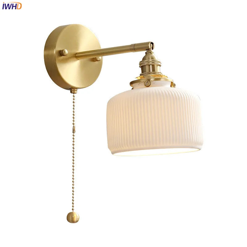 Axyaa Ceramic LED Wall Lamp with Pull Chain Switch - Modern White Black Copper Mirror Light