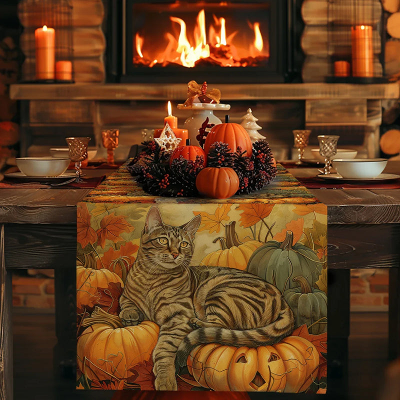 Axyaa Halloween Pumpkin Cat Table Runner Farmhouse Dining Decor