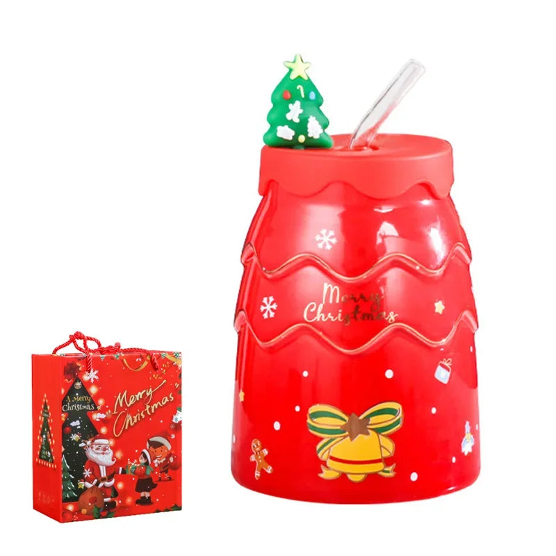 Axyaa Christmas Tree Ceramic Mug Set - Santa Claus Coffee Cup with Lid, Straw