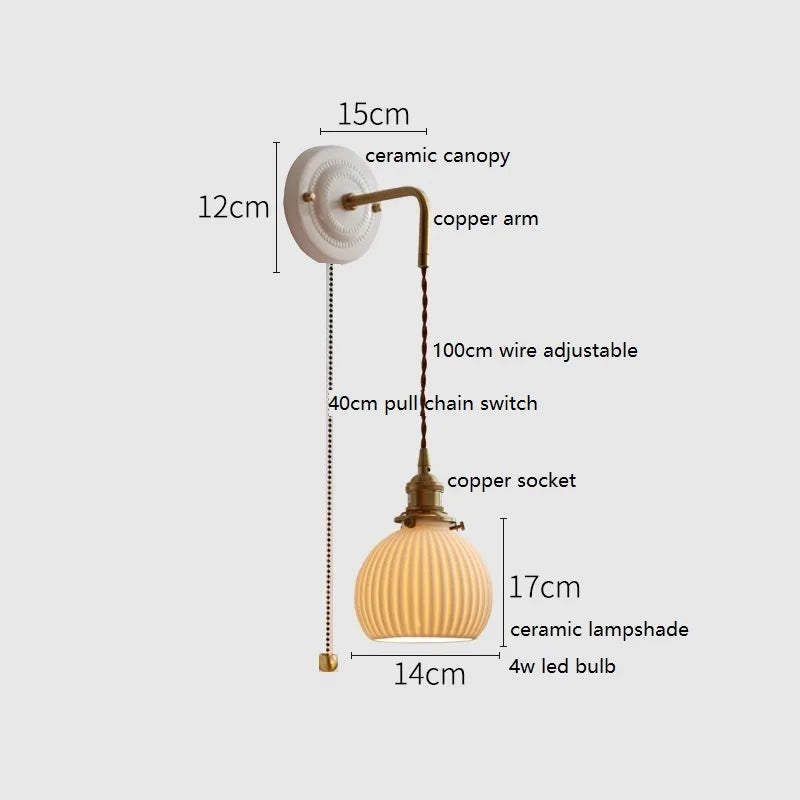 Axyaa Ceramic LED Wall Sconce with Adjustable Copper Arm for Bedroom, Bathroom, Mirror