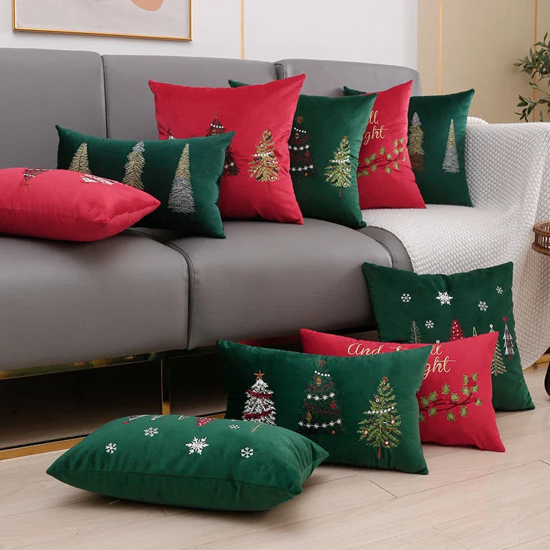 Axyaa Christmas Tree Snowflake Embroidery Pillow Cover 45x45cm 30x50cm Red Green Square