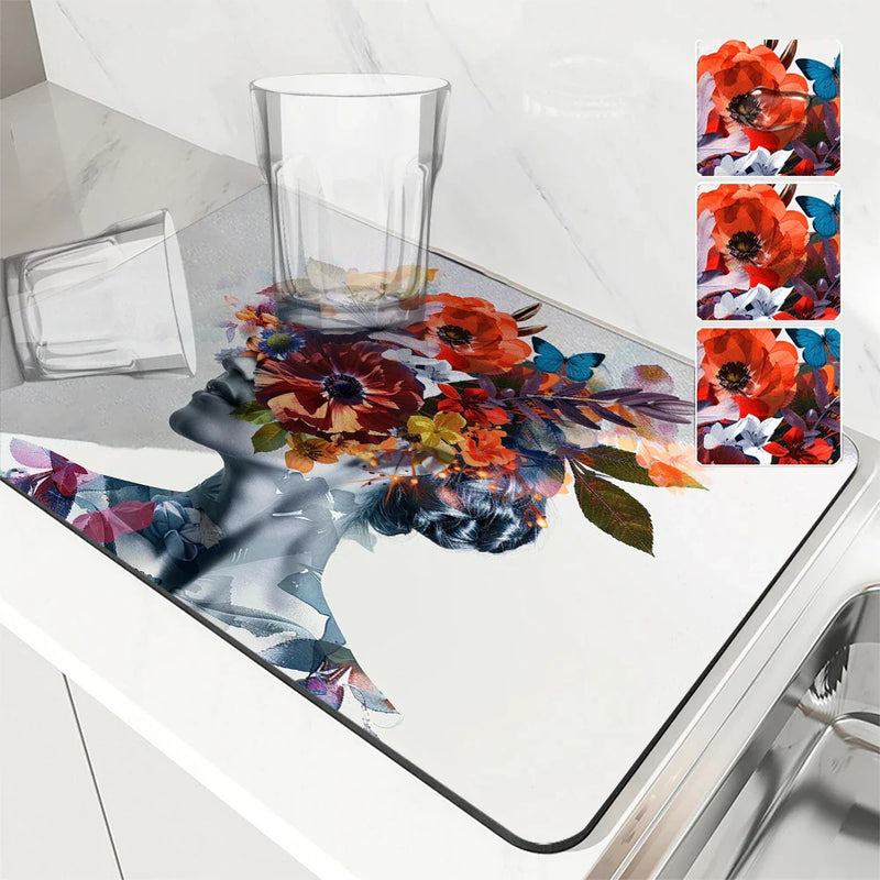 Axyaa Floral Drying Mat: Non-Slip Absorbent Placemat for Kitchen Counters & Tables